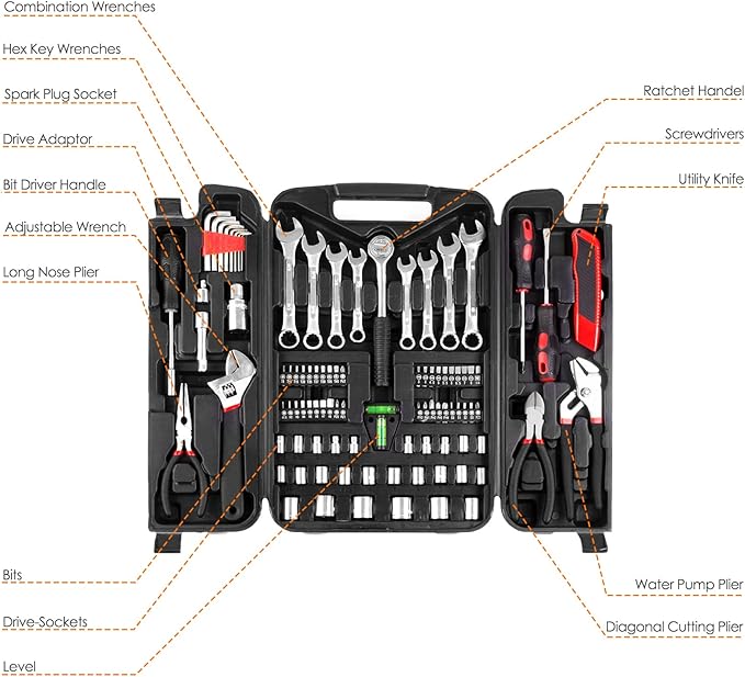 TLGREEN 95 Piece Tool Set, Tool Kit, Mechanics Tool Set, Portable Toolbox with Adjustable Wrench Pliers Socket Bits, with Pla