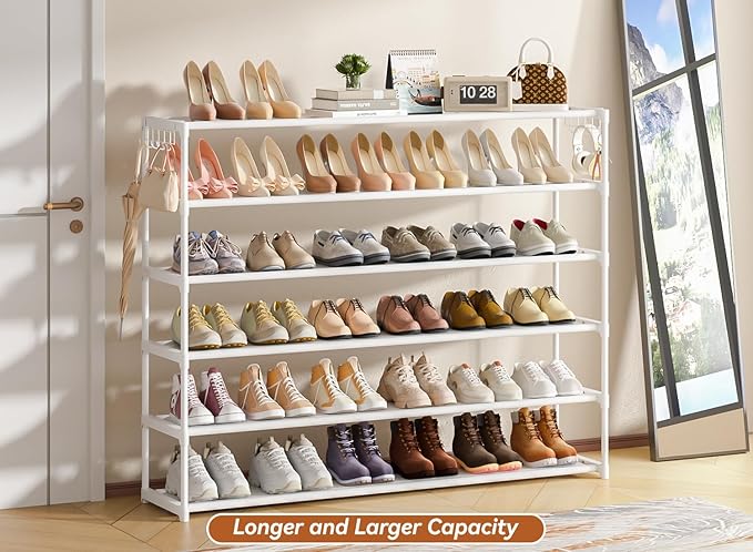 LUKYTOWER Extra Long Shoe Rack 6 Tier 39Pairs, Shoe Storage Organizer with 2 Hooks, Wide Stackable Shoe Organizer Racks for C
