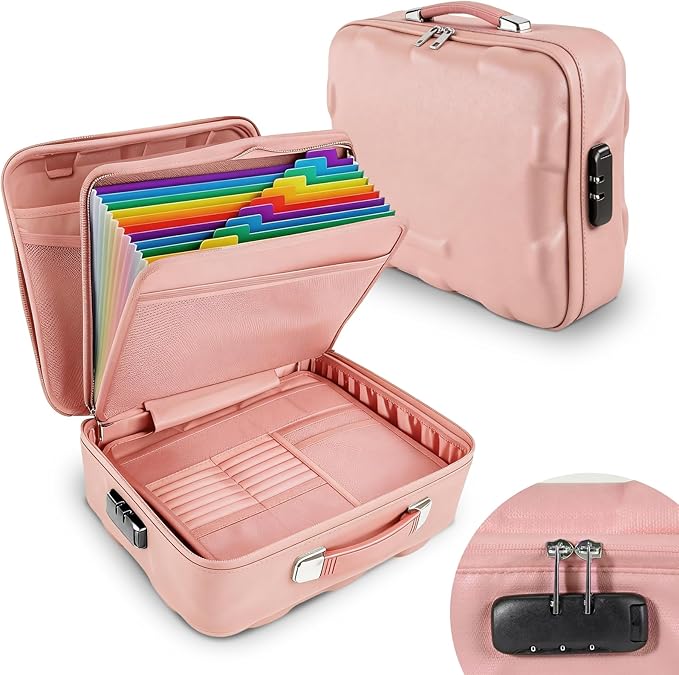 Fireproof Document Box, Hard Case Fireproof File Organizer Box with Lock and 13 Pocket Accordion File Folder, Portable Safe B