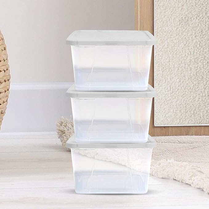HOMZ 10-Pack Snaplock, Small Clear Plastic Storage Organizer Bins w/ Lids, 6 Quart, White - Stackable Container Boxes for Bed