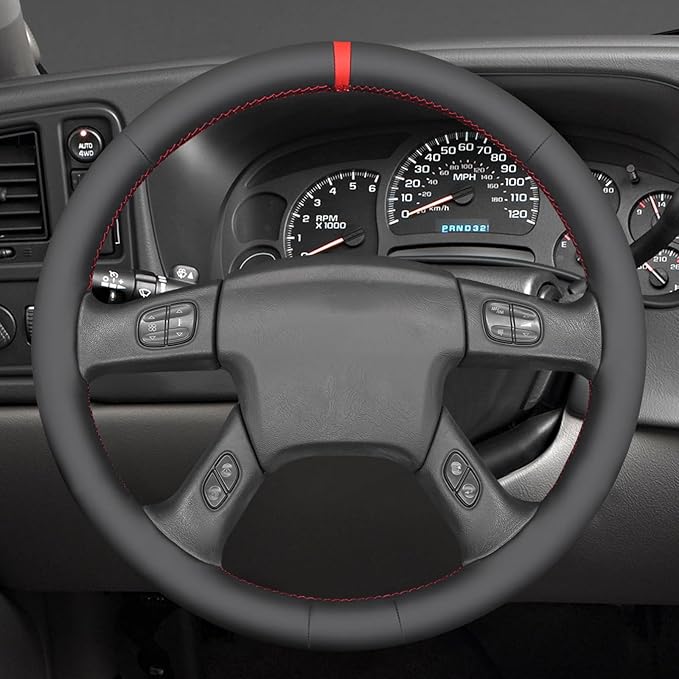 MEWANT Hand Stitched Steering Wheel Cover for Chevy Silverado 1500 2003-2006 Black Smooth Real Leather Steering Wrap