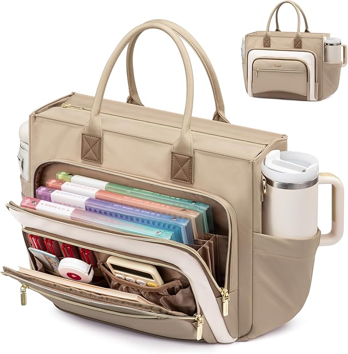 LOVEVOOK Teacher Tote Bag for Women,Laptop bag with Large Cup Holder,Work bag with Accordion File Organizer Pocket,Multi-Pock