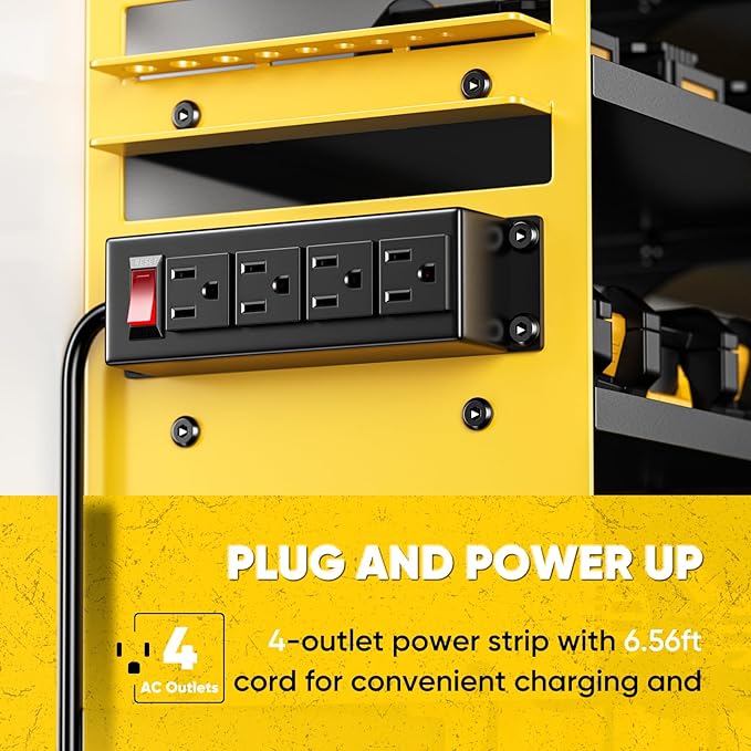 POKIPO Large Power Tool Organizer Wall Mount with Charging Station,4 Layer Heavy Duty Metal Storage Rack Loads 600lbs with 8 