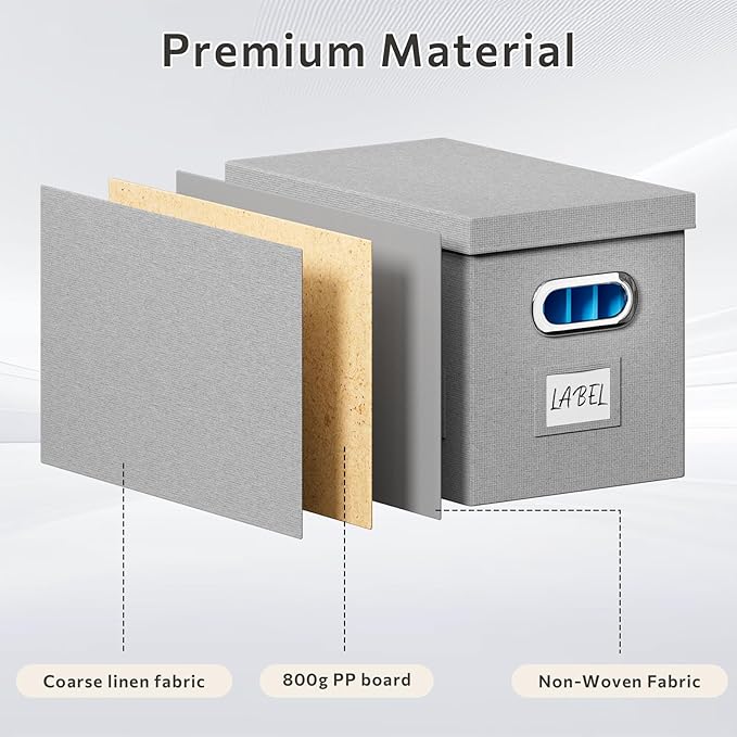 File Organizer Box with Lid - Set of 2 Portable Hanging File Box, Collapsible Linen Decorative Filing Storage Boxes for Offic