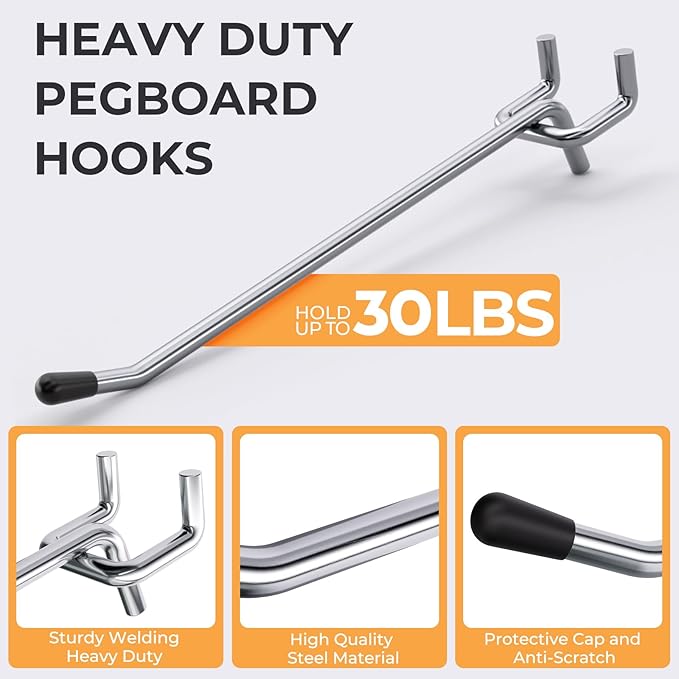 INCLY 50 Pack 6 Inch Pegboard Hooks, 1/4" Heavy Duty Peg Board Hooks Accessories with Rubber Tipped, Peg Board Tool Hangers F