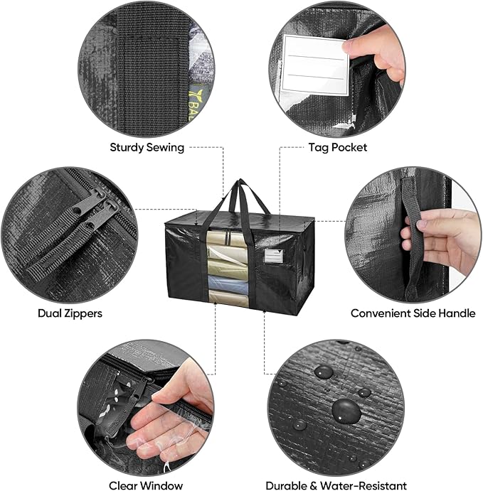 BALEINE 4-Pack Oversized Moving Bags with Reinforced Handles, Heavy-Duty Storage Tote Moving Supplies for Packaging, Camping 