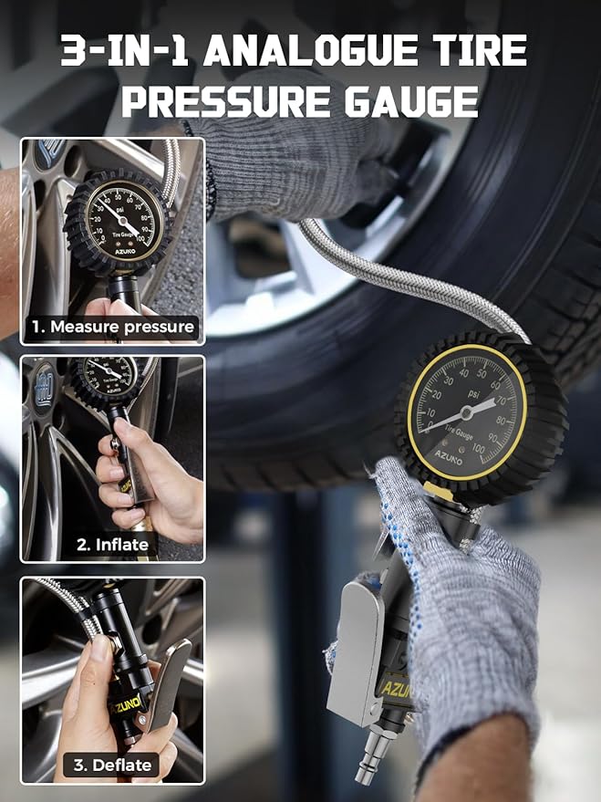 Analog Tire Inflator Gauge with Steel Braided Hose, 100 PSI Mechanical Tire Pressure Gauge – 3-in-1 Inflate/Deflate/Measure, 2.6" Glow Dial, Air Chuck for Car, Truck, SUV, RV, Bike (with Case)
