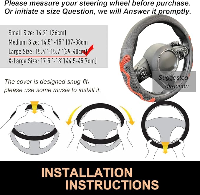 PINCTROT Large Size Comfy Grip Steering Wheel Cover, Anti-Slip Design, 15.5-15.75 Inch(Silicone Orange)
