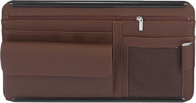 X AUTOHAUX Brown Universal Car Sun Visor Organizer Sunglasses Case Storage Pocket Hook and Loop Tape ABS PU Leather for SUV RV Truck