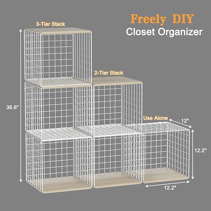 3PCS Stackable Closet Organizers and Storage, Closet Shelves with Wood Top Extra Storage, Clothes Storage Organizer Basket Bi