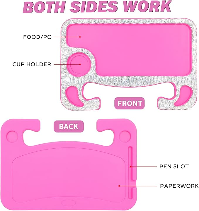 eing Bling Auto Steering Wheel Desk, Laptop,Tablet, Notebook Car Travel Table, Food Eating Hook On Steering Wheel Tray, for Constant Travelers, Fits Most Vehicles Steering Wheels, White+Rose Red