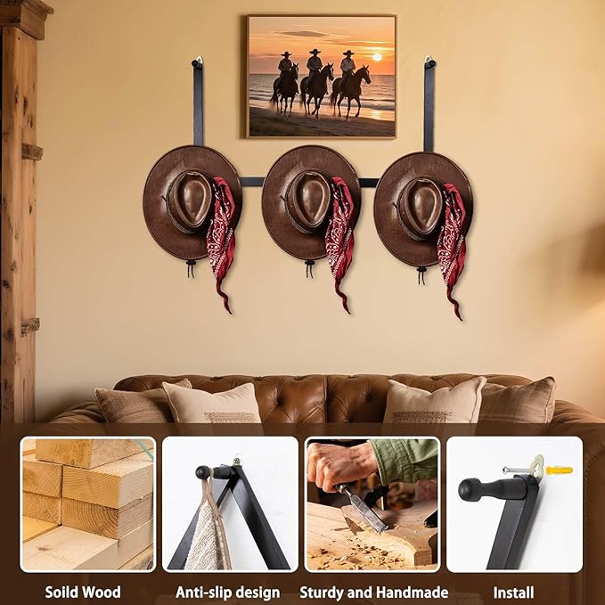 Qiannhee 2 Pack Wooden Hat Rack,Wall Mounted Expandable Cap Organizer with 5 Hooks,Solid Wood Hat Holder for Baseball Caps, F