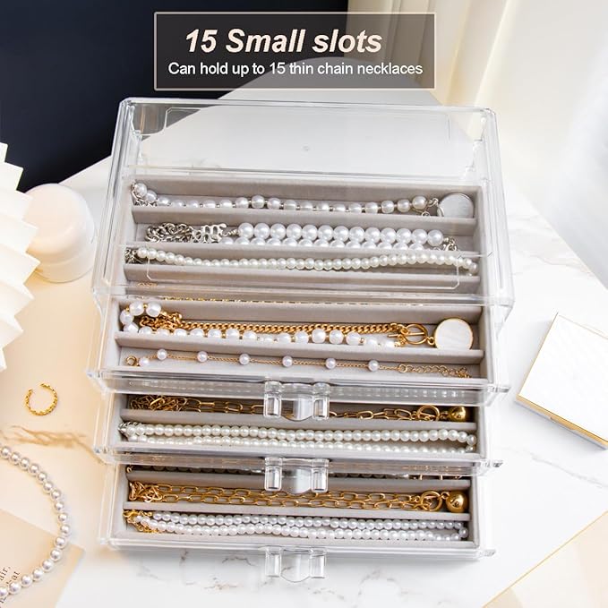 YUFONG Necklace Holder Organizer, Dustproof Necklace Box Velvet Necklace Organizer Box with Lid Clear Acrylic Dustproof Stack