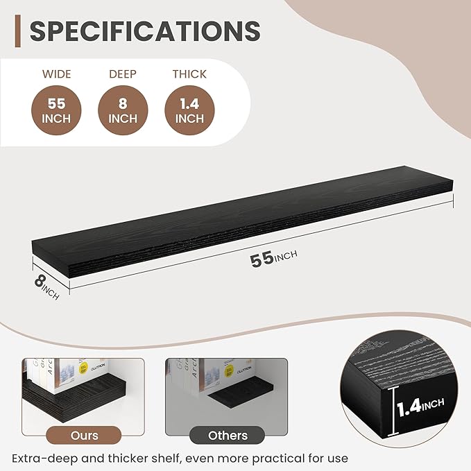 55 Inch Floating Shelves, 8 Inch Deep Floating Shelves for Wall, Hanging Shelf with Invisible Brackets, Deep Shelves for Bath