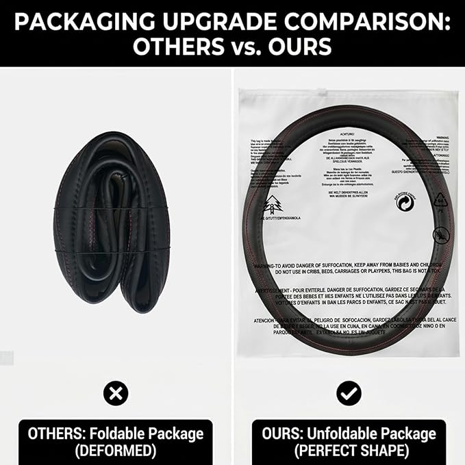 Genuine Leather Steering Wheel Cover, Black Real Cowhide for 14.5-15 Inch Steering Wheels, Universal Fit for Cars and Trucks (BlackRed)