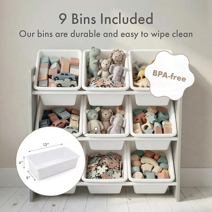 Humble Crew 9-Bin Toy Organizer – Inspire Grey with White Plastic Bins, 3-Tier Storage Solution for Kids' Playrooms and Nurse