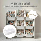 Humble Crew 9-Bin Toy Organizer – Inspire Grey with White Plastic Bins, 3-Tier Storage Solution for Kids' Playrooms and Nurse