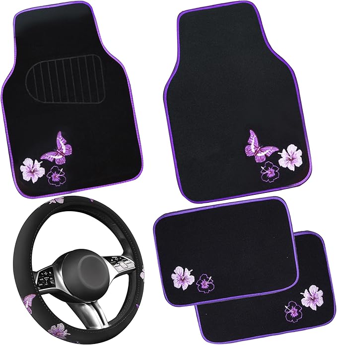 CAR PASS Butterfly Steering Wheel Cover and Waterproof Car Floor Mats,Purple Car Mats 14.5-15inch Steering Wheel Covers Unive