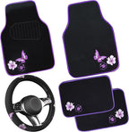 CAR PASS Butterfly Steering Wheel Cover and Waterproof Car Floor Mats,Purple Car Mats 14.5-15inch Steering Wheel Covers Unive