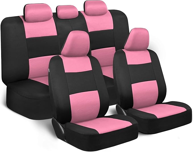 BDK PolyPro Car Seat Covers Full Set in Pink on Black – Front and Rear Split Bench Seat Covers for Cars, Easy to Install Car 