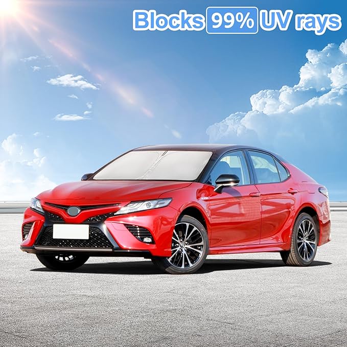 for Toyota Camry 2018-2024 Sun Shade Sunshade Windshield Cover - 4 Layers Front Window Shade Custom Fit Camry LE XLE Hybrid SE XSE Sun Visor - 240T Foldable Shade Blocks UV Rays Car Accessories