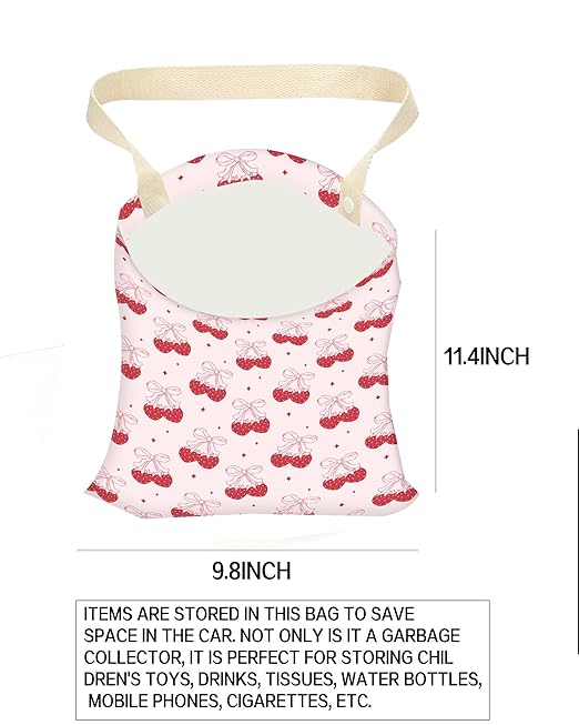 Car Trash Can, Durable Hanging Car Trash Garbage Bag, Cute Automotive Garbage Cans Organizer, Cute Pink Strawberry Bow