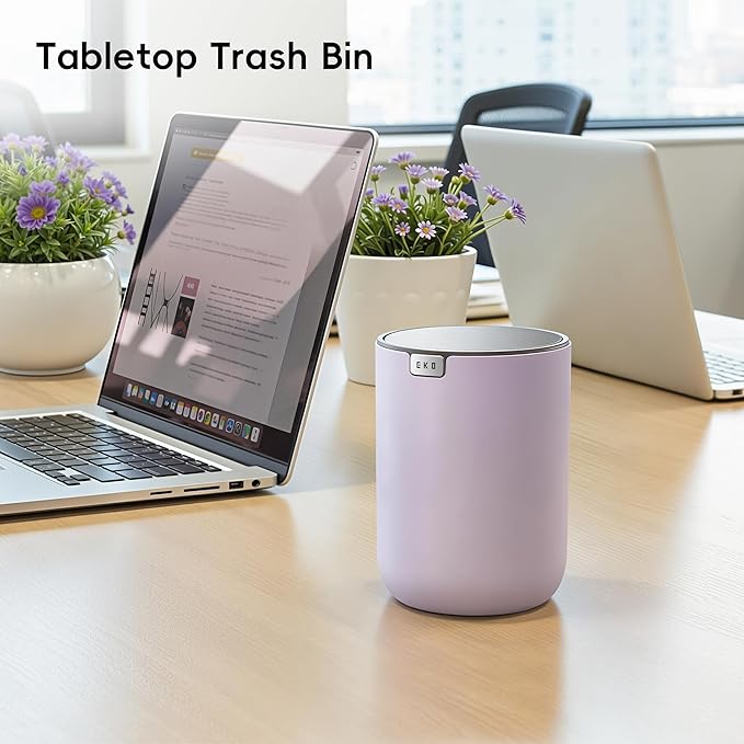 EKO Fandy 0.4 Gal/1.5L Mini Tabletop Trash Bin with Swing-Lid, Desktop Trash Can for Bathroom Countertop, Vanity, Coffee or Office, Small Garbage Bin (Lavender)