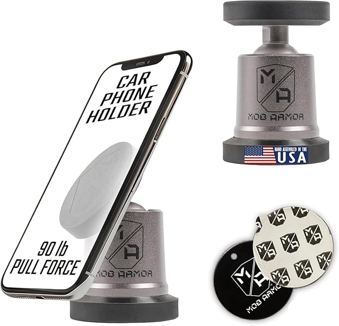 Mob Armor MobNetic Maxx - USA Assembled Magnetic Phone Holder for Car, Magnetic Car Phone Mount, 90-Degree Tilt, 360-Degree Rotation, Aluminum Metal, Compatible with iPhone & Android - Gunmetal