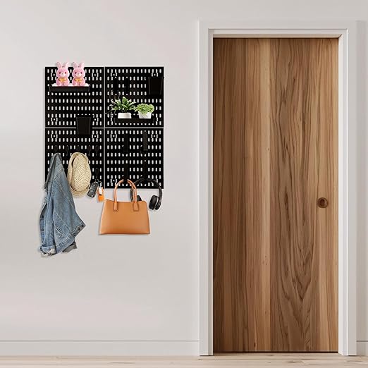 24 Pcs Wall Mount Peg Board Organizer Kits, Black DIY Pegboard Panels with 20 Accessories (Hooks, Clips, Bins, Shelves), Wall