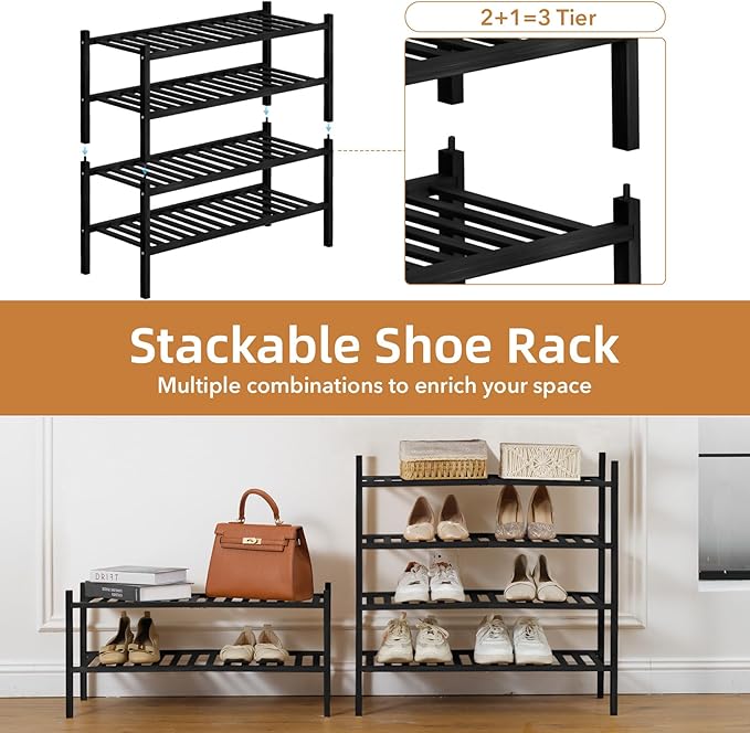 4 Tier Bamboo Shoe Rack Storage Organizer for Closet, Multifunctional Stackable Free Standing Shoe Shelf Organizer for Small 