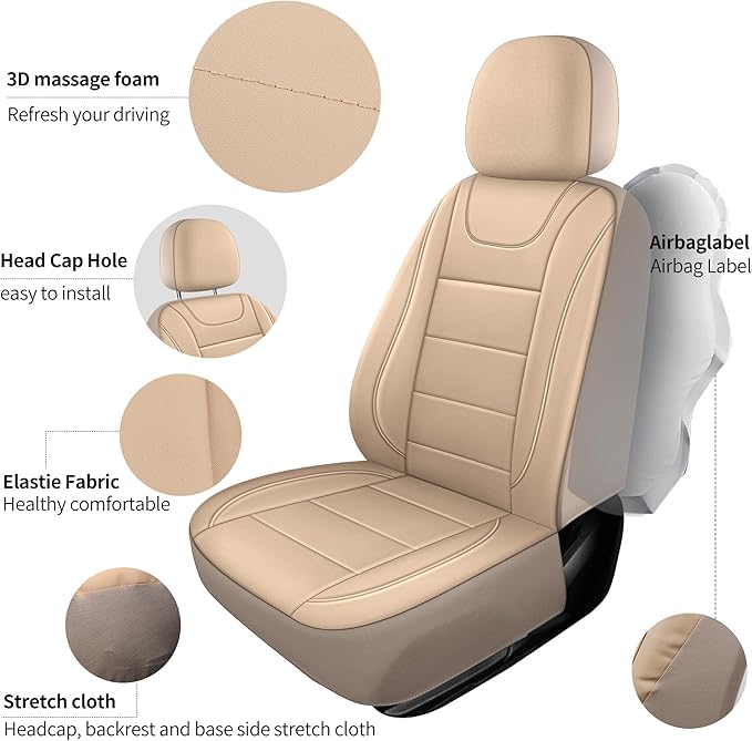 Car Seat Covers, Quilting Leather Seat Cover Two Front Seats, Waterproof Faux Leather Automotive Seat Covers for Cars, Univer
