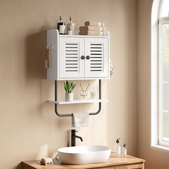 HOOBRO Medicine Cabinet, Double Doors Bathroom Wall Cabinet with Towel Bar, Adjustable Shelf, 2 Hooks, Over The Toilet Storag