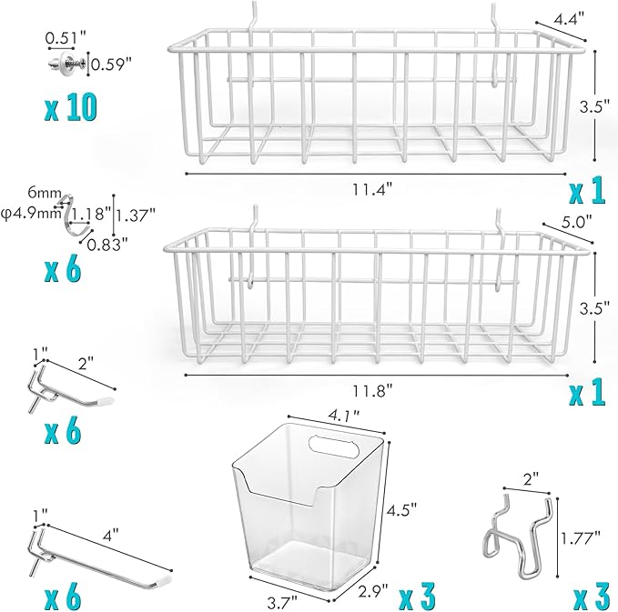 Pegboard Hooks Organizers - Peg Board Baskets Clear Cups Multiple Hangers 33 Pack - Display Shelving Tool Organizer Set for C