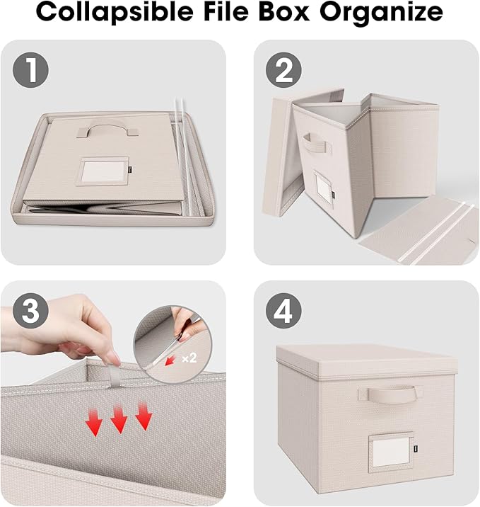 File Organizer Box with Lid, Linen Hanging File Storage Box with Handle, Collapsible Document Filling Box for Letter/Legal Fo
