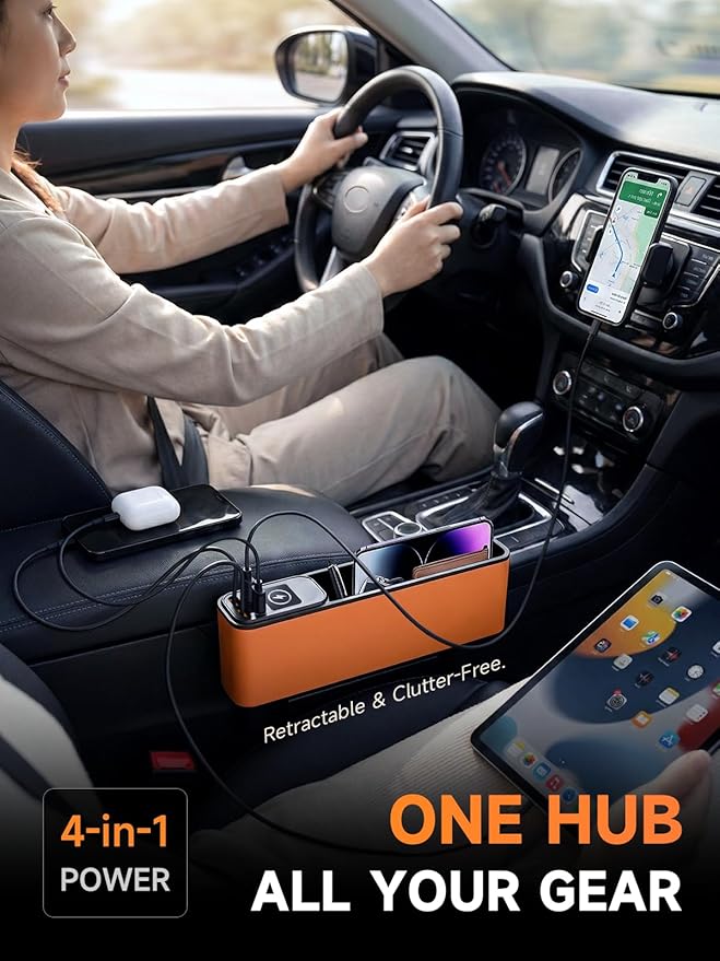 Elecshion Car Seat Gap Filler Organizer with 69W Retractable Car Charger, 2 USB Ports and 2 Charging Cable Car Seat Organizer, Seat Gap Storage Box for Sedans SUV Truck, Car Interior Accessories