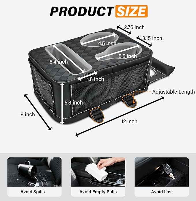 Center Console Cup Holder, Universal Car Armrest Storage Box with Bottle Holder & Tissue Slot & Side Pockets, Car Back Seat T