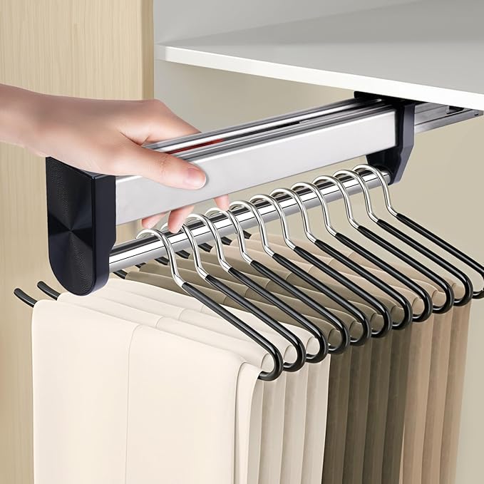 Pull Out Valet Rods for Closets, Clothes Hanger Rail Slide Out Adjustable Heavy Duty Stainless Steel Clothes Storage Hanger R