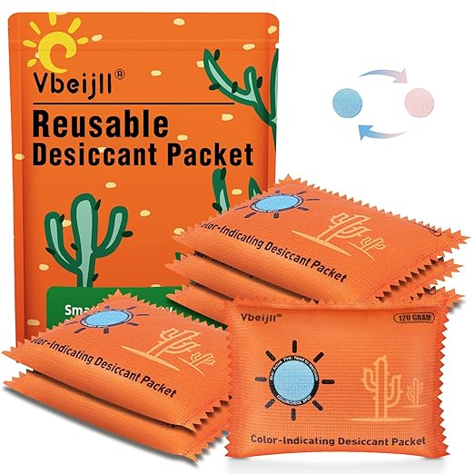 120 Gram (6 Pack) Color-Indicating Desiccant Packs for Storage, Rechargeable Silica Gel Packets, Moisture Absorbers for Stora