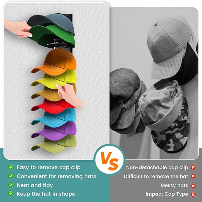 2Pack Upgraded Contour Fit Lock Hat Organizer for Baseball Cap,Hat Rack Strong Adhesive Hat Hangers for Wall Hold Up to 20 Ha