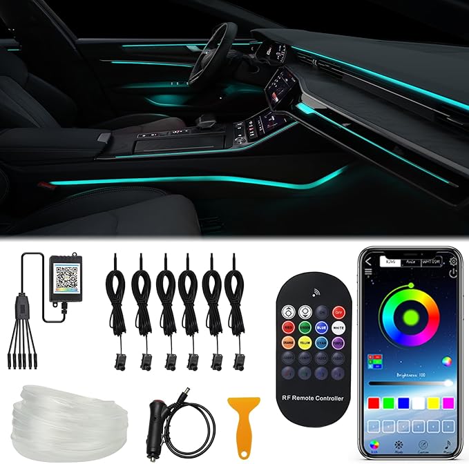 Upgraded 6-in-1 Car Ambient Lighting Kit, 315-inch Pre-Threaded Fiber Optic, APP & Remote Control, 16 Million Colors, Music Sync, High Brightness LED Interior Lights for Cars, Trucks, SUV
