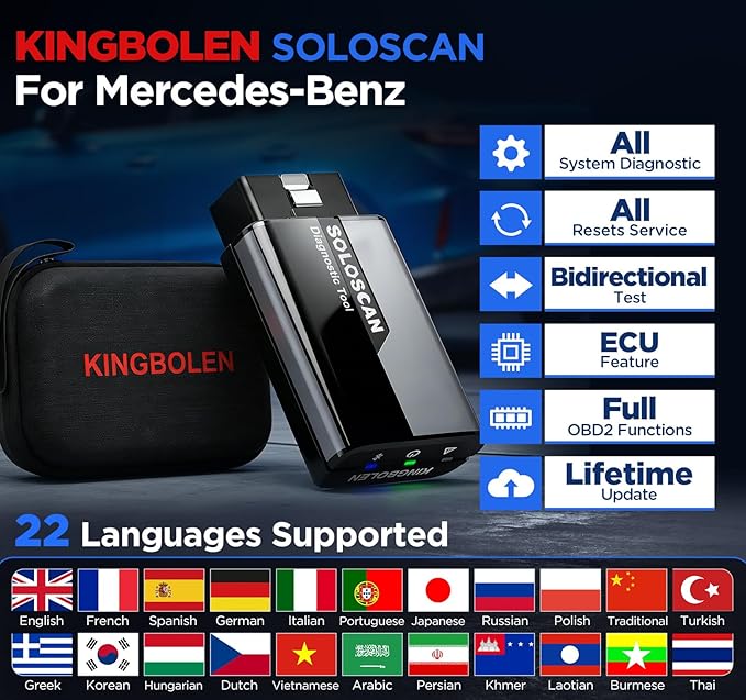 KINGBOLEN SOLOSCAN Bluetooth OBD2 Scanner for Mercedes-Benz MB (A/C/E/S/G/More), Maybach Bidirectional Scan Tool, All System