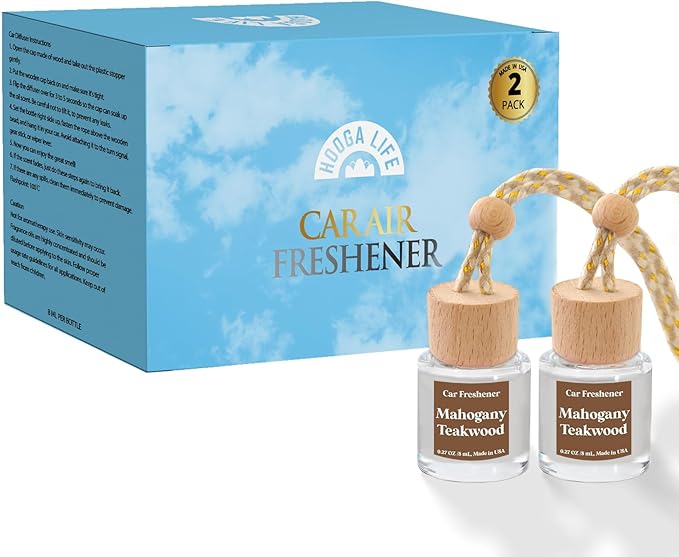 HoogaLife Car Air Freshener Diffuser 2 Pack Hanging Mahogany Teakwood Car Air Freshener for Women 45+ Days Long Lasting Fragr