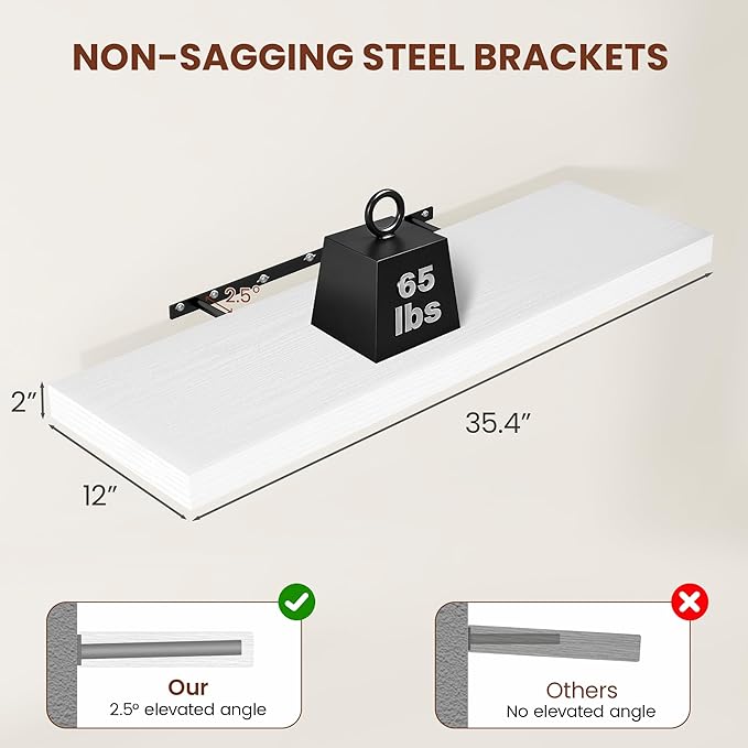 Vivelove 12 Deep Floating Shelves for Wall, 24/36/48/55 Inch Shelves for Room Wall Mounted, 2" Thick Floating Shelf for Livin