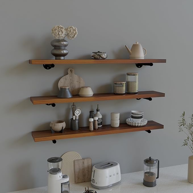 Industrial Pipe Wall Wood Shelves,Real Wooden Shelves 36" in Walnut Color with 1.2" Extra Thickness, Modern Floating Shevles
