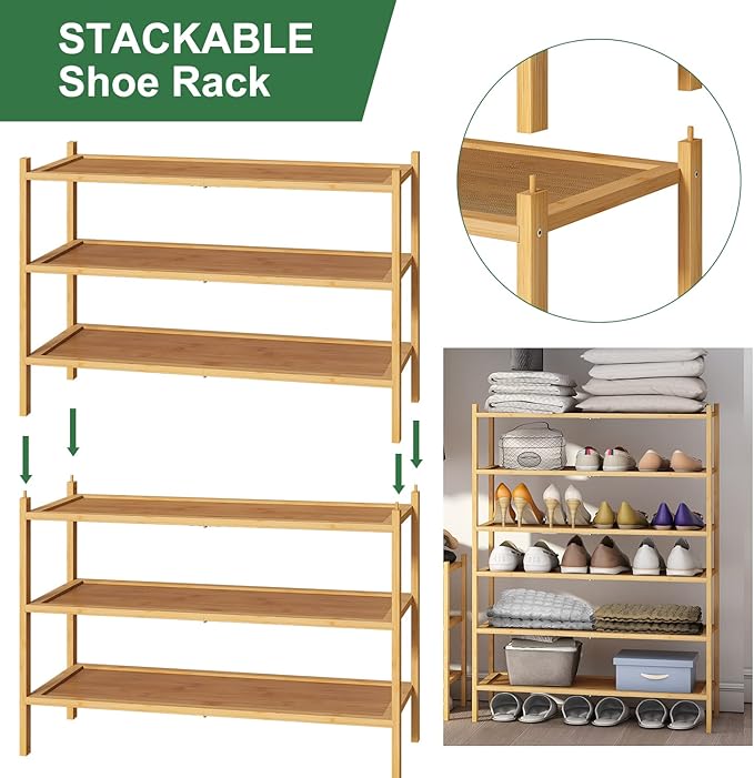 kiplant 3-Tier Shoe Rack for Closet, Bamboo Wood Shoe Rack for Indoor & Outdoor, Stackable Shoe Organizer for Entryway (Natur