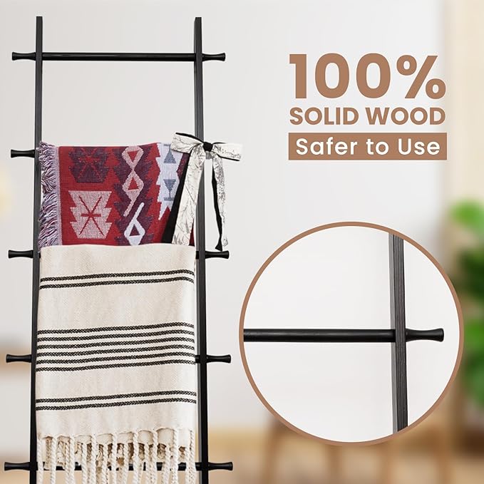5-Tier Blanket Ladder – 4.8 Ft Wall Leaning Quilt Rack, Farmhouse Blanket Storage for Living Room, Bedroom & Bathroom – Rusti