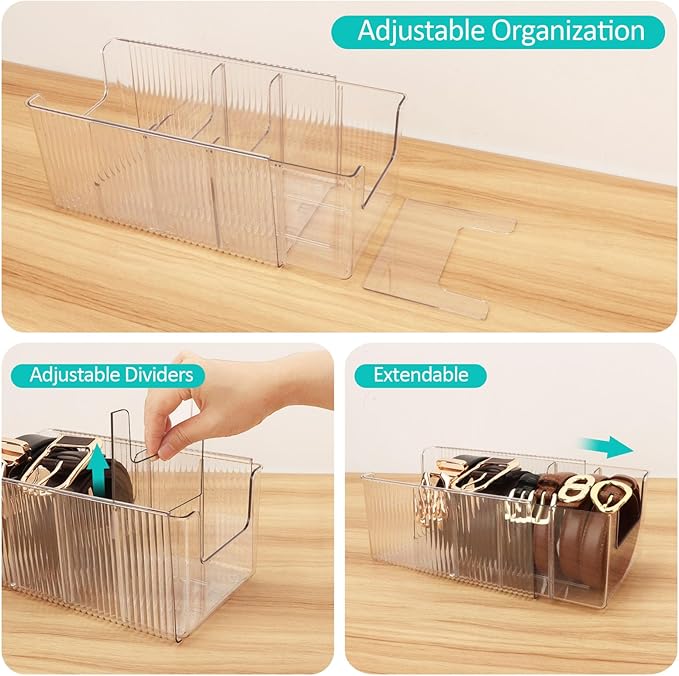 Clear Belt Organizer, Extendable Acrylic Belt Storage Holder with Adjustable Dividers, Belts Storage Container for Drawer and