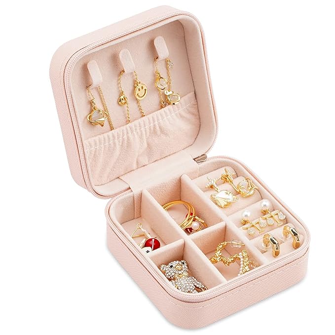 Neveika Portable Travel Mini Jewelry Box Leather Jewellery Ring Organizer Case Storage Gift Box Girls Women (4pcs pink).