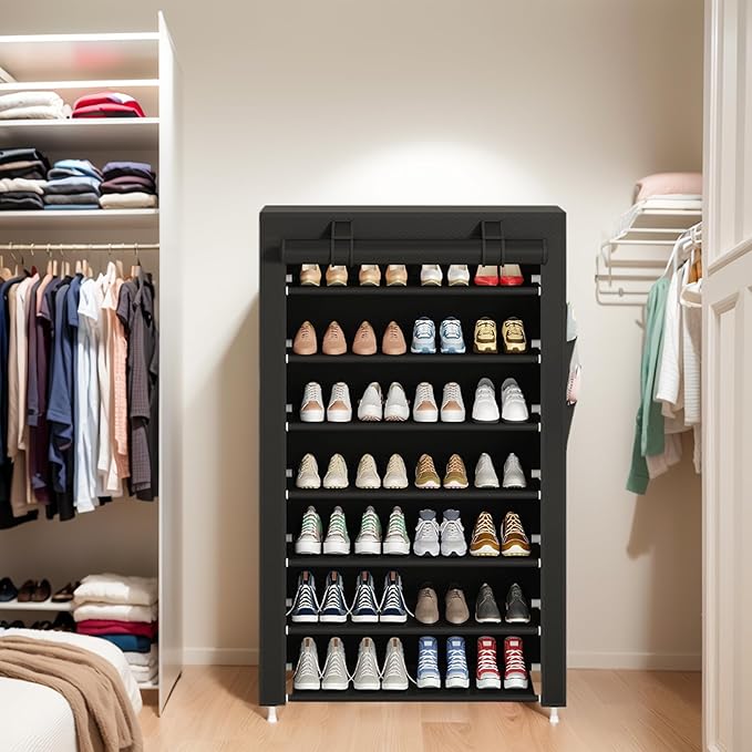 Laiensia 7-Tier Vertical Shoe Rack Organizer, Space Saving Shoe Storage Organizer, Non-Woven Cover Shoe Shelf Holds 28-35Pair