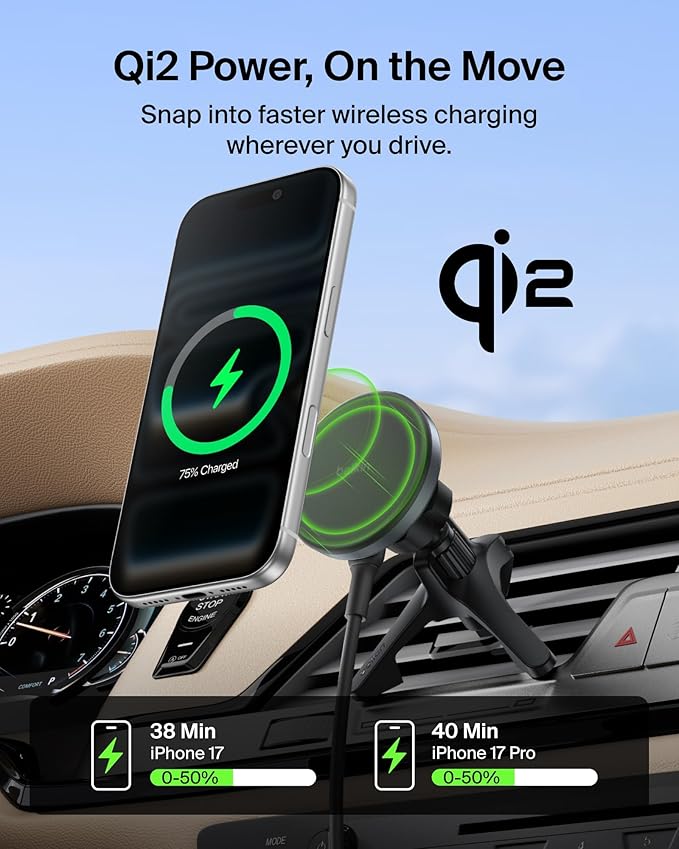 Belkin Wireless Car Charger, Magnetic Car Vent Mount w/ 3.3ft USB C Cable, Qi2 MagSafe Compatible Fast Charging iPhone Charger for iPhone 17, Galaxy S26, Pixel 10, & More - Travel Accessories - Black